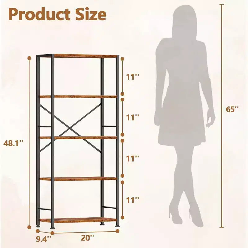Qwatto Brown 5 Tier Tall Wide Bookshelf Wood Metal Industrial Open Display Shelving Unit Freestanding Etagere Bookcase Storage Organizer Living Room