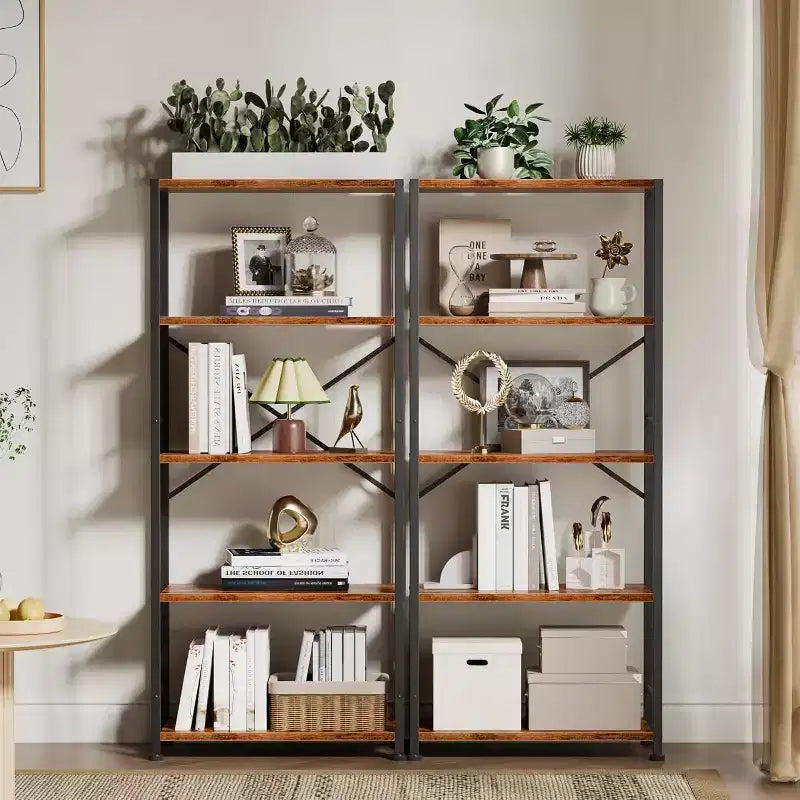 Qwatto Brown 5 Tier Tall Wide Bookshelf Wood Metal Industrial Open Display Shelving Unit Freestanding Etagere Bookcase Storage Organizer Living Room