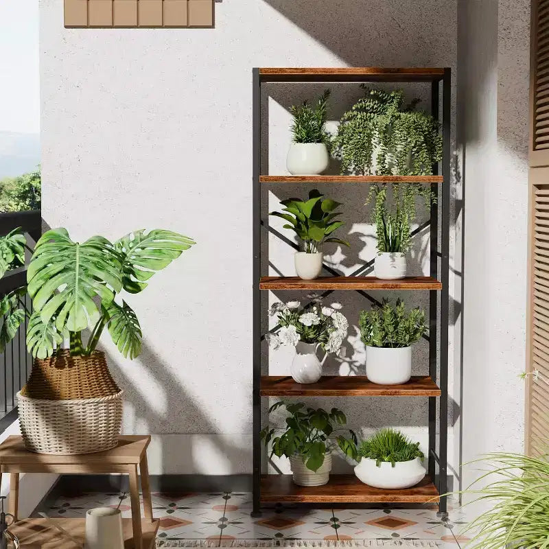 Qwatto Brown 5 Tier Tall Wide Bookshelf Wood Metal Industrial Open Display Shelving Unit Freestanding Etagere Bookcase Storage Organizer Living Room