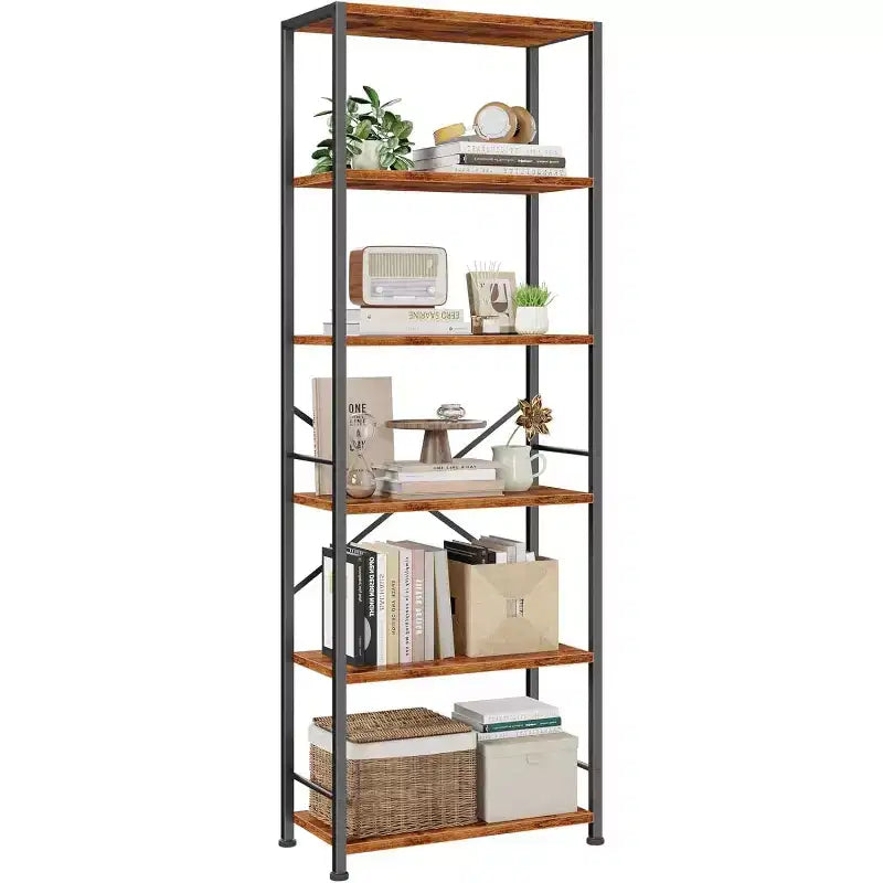 Qwatto Brown 6 Tier Tall Wide Bookshelf Industrial Wood Metal Freestanding Open Display Shelving Unit Storage Organizer Etagere Bookcase Home Office