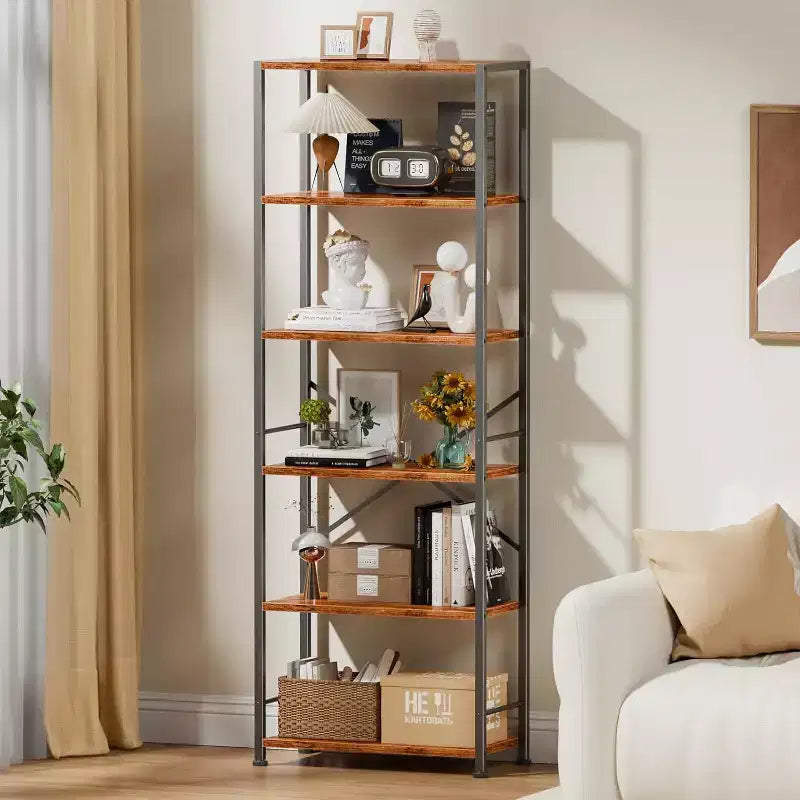 Qwatto Brown 6 Tier Tall Wide Bookshelf Industrial Wood Metal Freestanding Open Display Shelving Unit Storage Organizer Etagere Bookcase Home Office