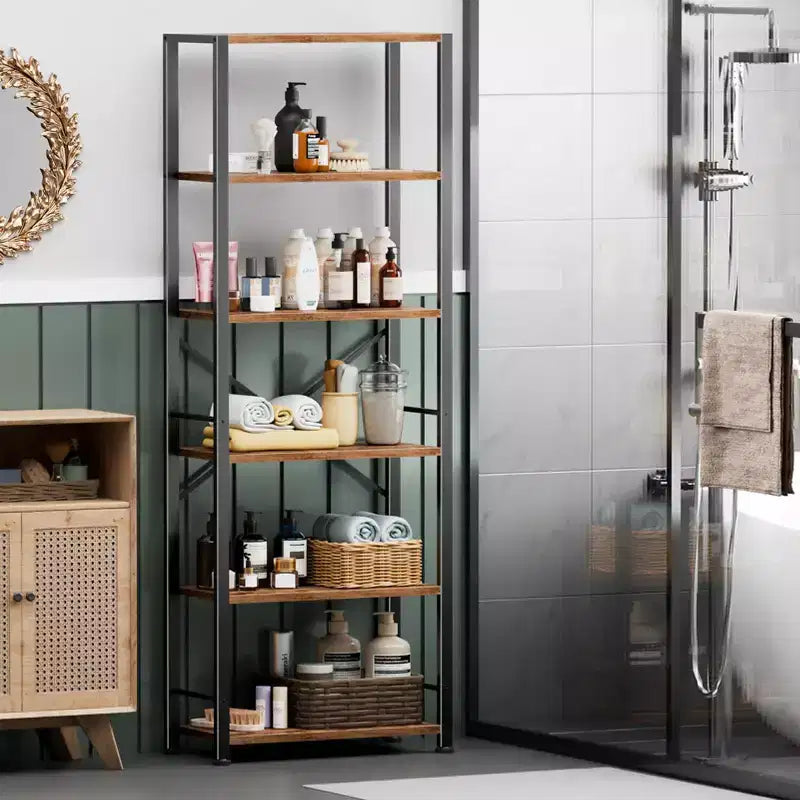 Qwatto Brown 6 Tier Tall Wide Bookshelf Industrial Wood Metal Freestanding Open Display Shelving Unit Storage Organizer Etagere Bookcase Home Office