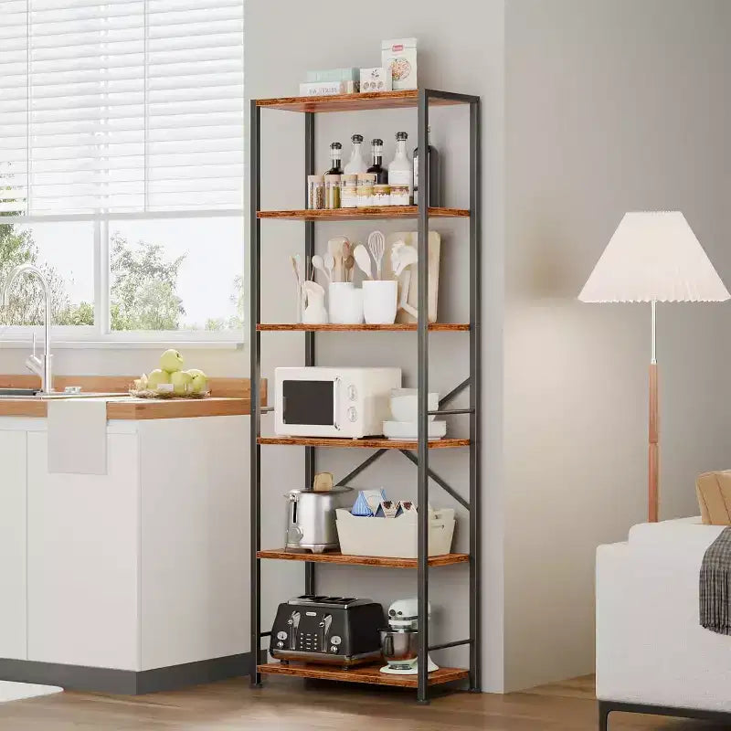 Qwatto Brown 6 Tier Tall Wide Bookshelf Industrial Wood Metal Freestanding Open Display Shelving Unit Storage Organizer Etagere Bookcase Home Office