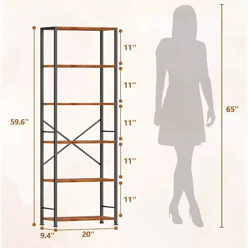 Qwatto Brown 6 Tier Tall Wide Bookshelf Industrial Wood Metal Freestanding Open Display Shelving Unit Storage Organizer Etagere Bookcase Home Office