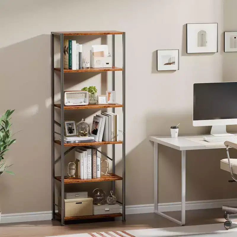 Qwatto Brown 6 Tier Tall Wide Bookshelf Industrial Wood Metal Freestanding Open Display Shelving Unit Storage Organizer Etagere Bookcase Home Office