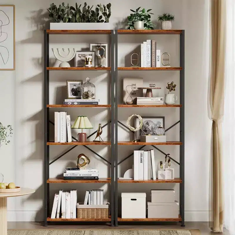 Qwatto Brown 6 Tier Tall Wide Bookshelf Industrial Wood Metal Freestanding Open Display Shelving Unit Storage Organizer Etagere Bookcase Home Office