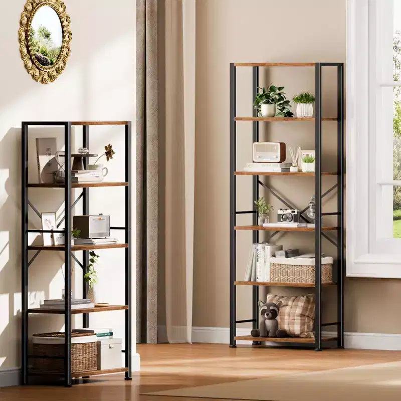 Qwatto Brown 6 Tier Tall Wide Bookshelf Industrial Wood Metal Freestanding Open Display Shelving Unit Storage Organizer Etagere Bookcase Home Office