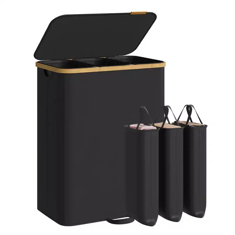SONGMICS Laundry Hamper, Laundry Sorter with Lid, Storage Basket Bin, Removable Liners, Bamboo Frame, 3 Sections, 44.9 Gal. (170 L), Ink Black