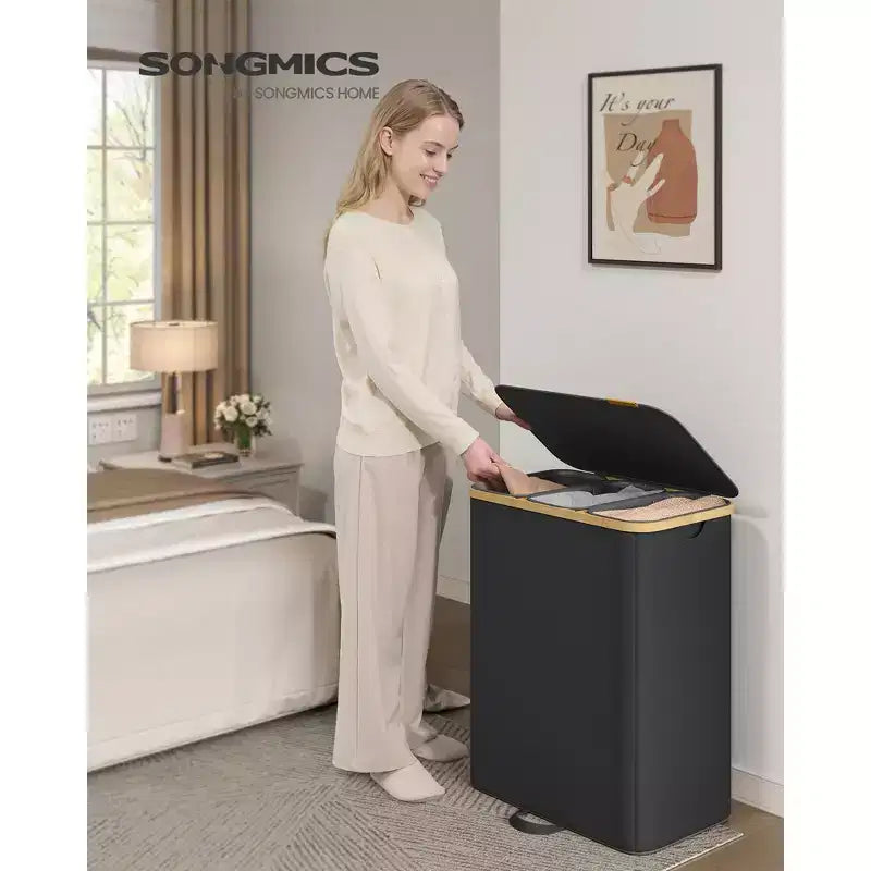 SONGMICS Laundry Hamper, Laundry Sorter with Lid, Storage Basket Bin, Removable Liners, Bamboo Frame, 3 Sections, 44.9 Gal. (170 L), Ink Black