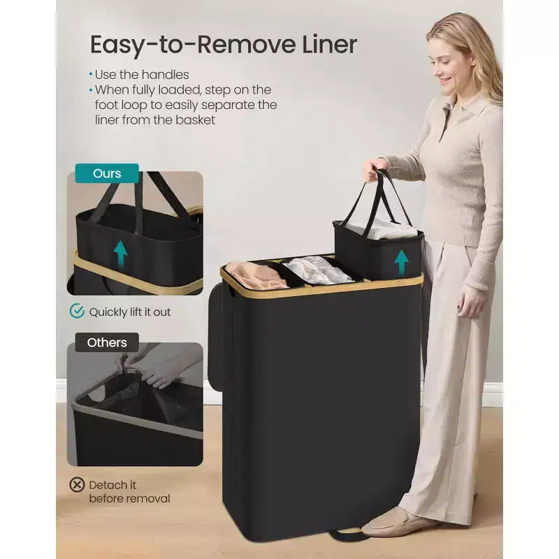 SONGMICS Laundry Hamper, Laundry Sorter with Lid, Storage Basket Bin, Removable Liners, Bamboo Frame, 3 Sections, 44.9 Gal. (170 L), Ink Black