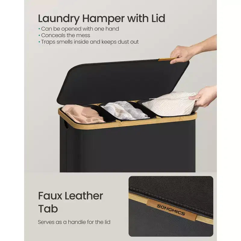 SONGMICS Laundry Hamper, Laundry Sorter with Lid, Storage Basket Bin, Removable Liners, Bamboo Frame, 3 Sections, 44.9 Gal. (170 L), Ink Black