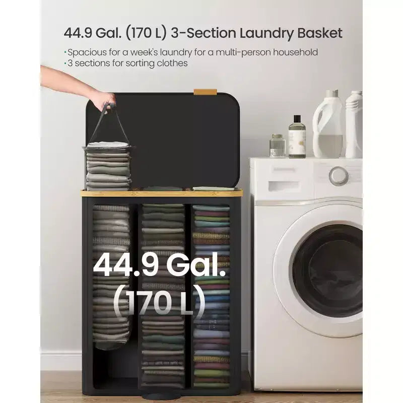 SONGMICS Laundry Hamper, Laundry Sorter with Lid, Storage Basket Bin, Removable Liners, Bamboo Frame, 3 Sections, 44.9 Gal. (170 L), Ink Black