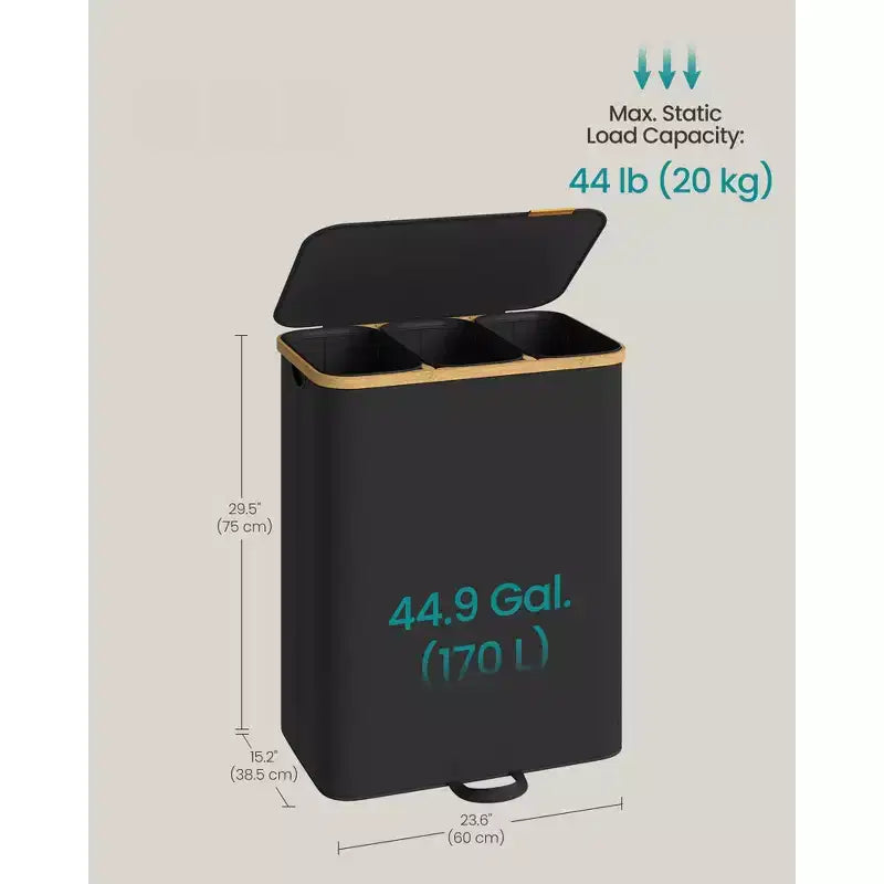 SONGMICS Laundry Hamper, Laundry Sorter with Lid, Storage Basket Bin, Removable Liners, Bamboo Frame, 3 Sections, 44.9 Gal. (170 L), Ink Black