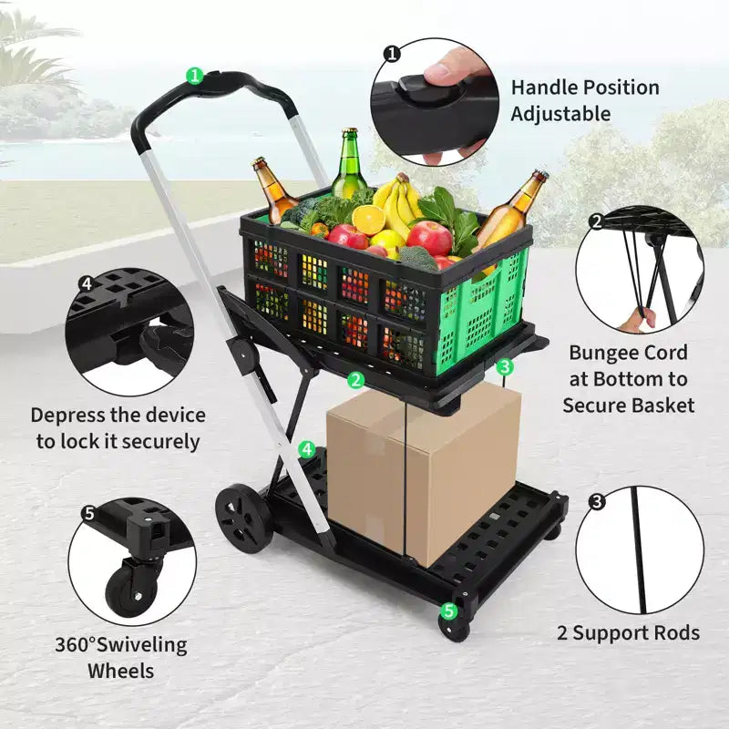 Collapsible Shopping Cart with 1 Storage Crate, Foldable Grocery Cart On Wheels