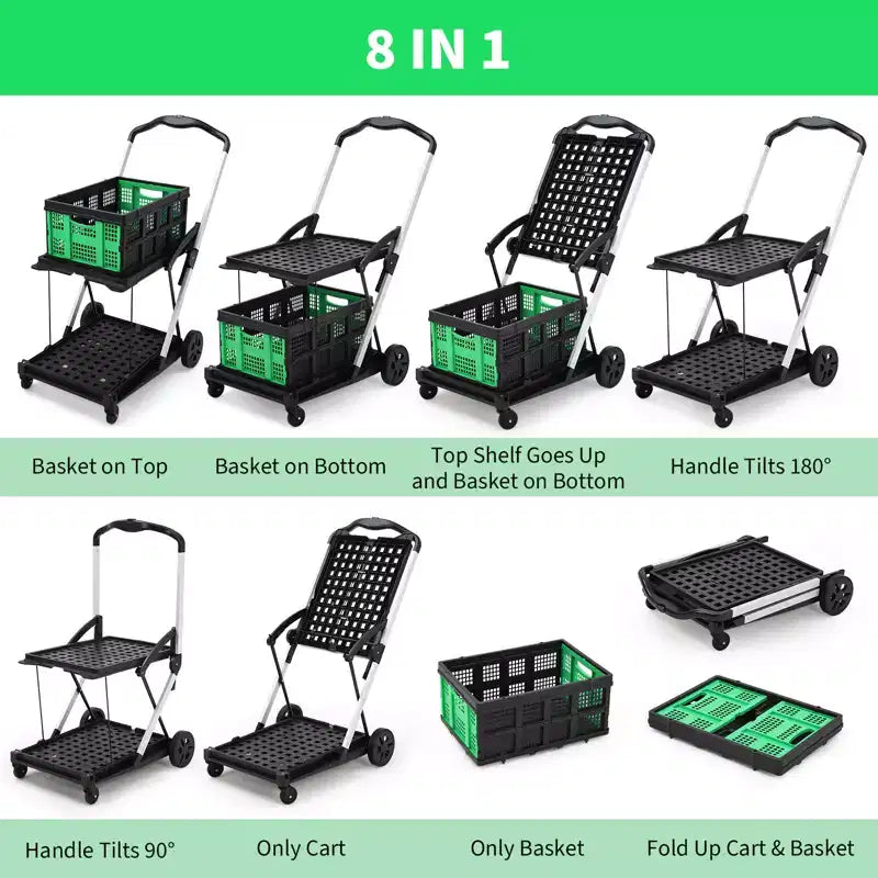 Collapsible Shopping Cart with 1 Storage Crate, Foldable Grocery Cart On Wheels