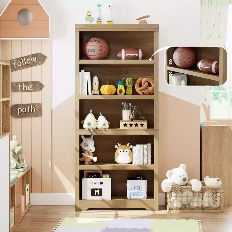 69 Tall 5 Tier Farmhouse Bookcase, 31.5 Wide Bookshelf with Adjustable Shelves & Anti-Slip Design, Open Display Storage for Home Office Living Room