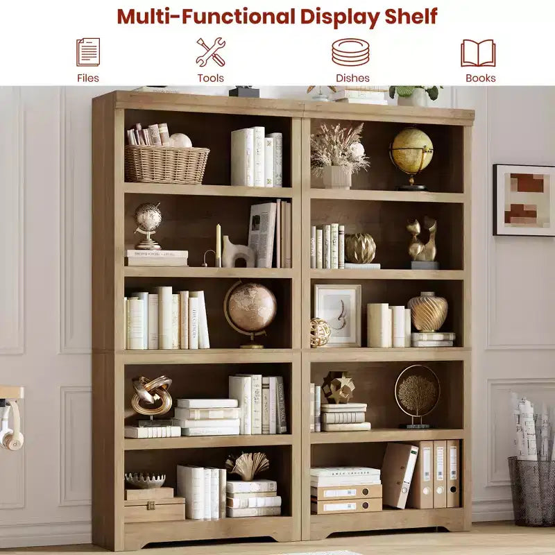 69 Tall 5 Tier Farmhouse Bookcase, 31.5 Wide Bookshelf with Adjustable Shelves & Anti-Slip Design, Open Display Storage for Home Office Living Room