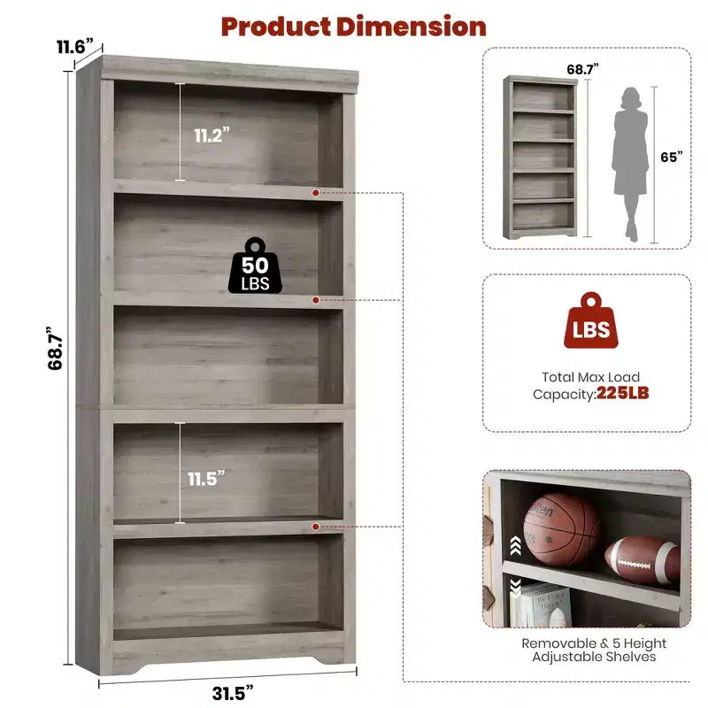 69 Tall 5 Tier Farmhouse Bookcase, 31.5 Wide Bookshelf with Adjustable Shelves & Anti-Slip Design, Open Display Storage for Home Office Living Room