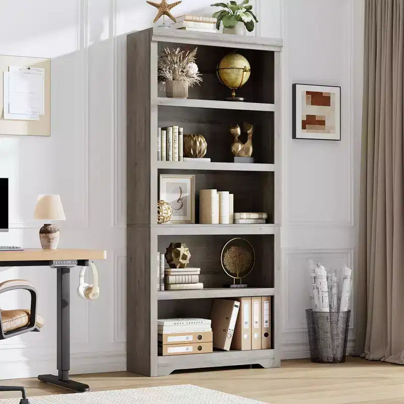 69 Tall 5 Tier Farmhouse Bookcase, 31.5 Wide Bookshelf with Adjustable Shelves & Anti-Slip Design, Open Display Storage for Home Office Living Room