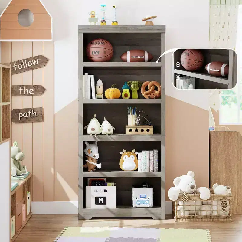 69 Tall 5 Tier Farmhouse Bookcase, 31.5 Wide Bookshelf with Adjustable Shelves & Anti-Slip Design, Open Display Storage for Home Office Living Room