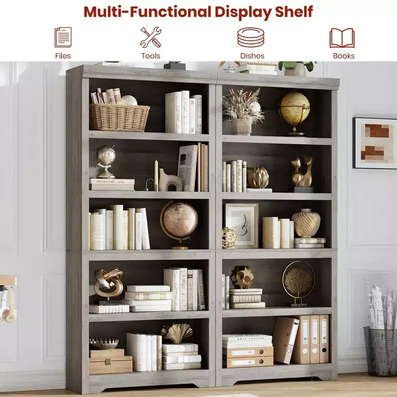 69 Tall 5 Tier Farmhouse Bookcase, 31.5 Wide Bookshelf with Adjustable Shelves & Anti-Slip Design, Open Display Storage for Home Office Living Room