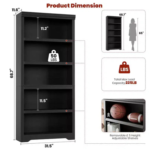 Étagère rustique à 5 niveaux de 175 cm de haut, 80 cm de large, avec étagères réglables et design antidérapant, rangement ouvert pour bureau à domicile et salon