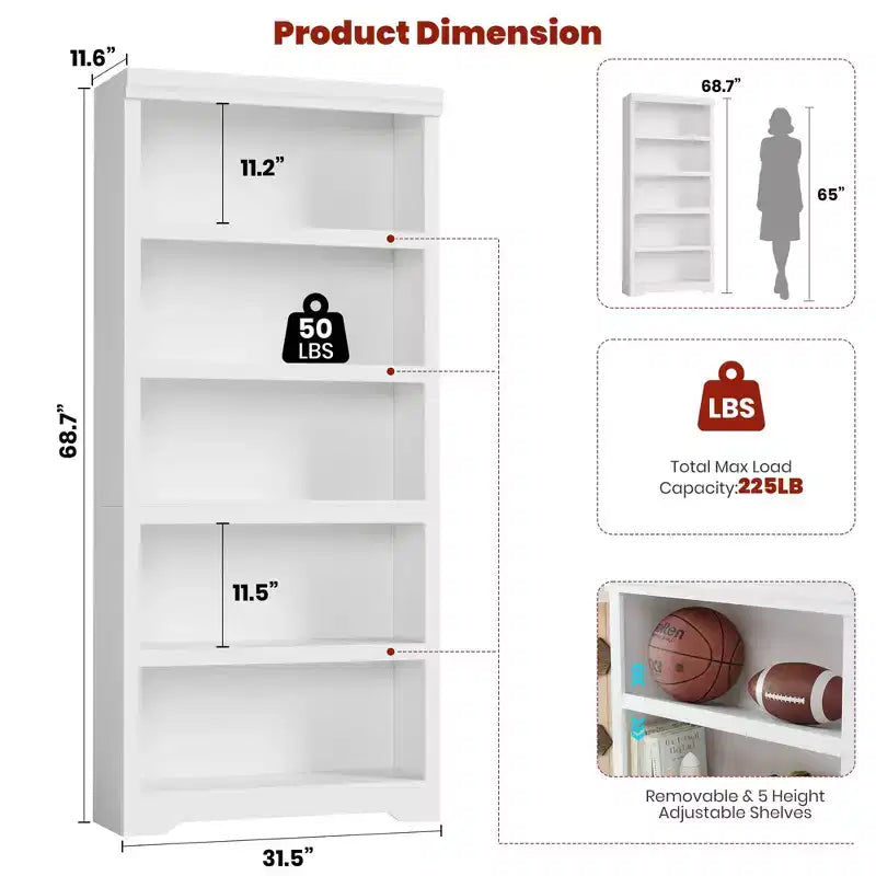 69 Tall 5 Tier Farmhouse Bookcase, 31.5 Wide Bookshelf with Adjustable Shelves & Anti-Slip Design, Open Display Storage for Home Office Living Room