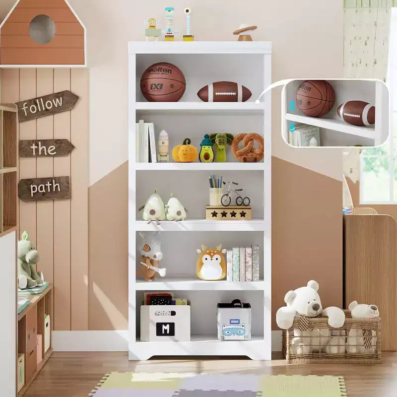 69 Tall 5 Tier Farmhouse Bookcase, 31.5 Wide Bookshelf with Adjustable Shelves & Anti-Slip Design, Open Display Storage for Home Office Living Room