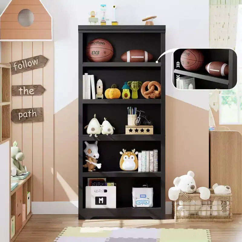 69 Tall 5 Tier Farmhouse Bookcase, 31.5 Wide Bookshelf with Adjustable Shelves & Anti-Slip Design, Open Display Storage for Home Office Living Room