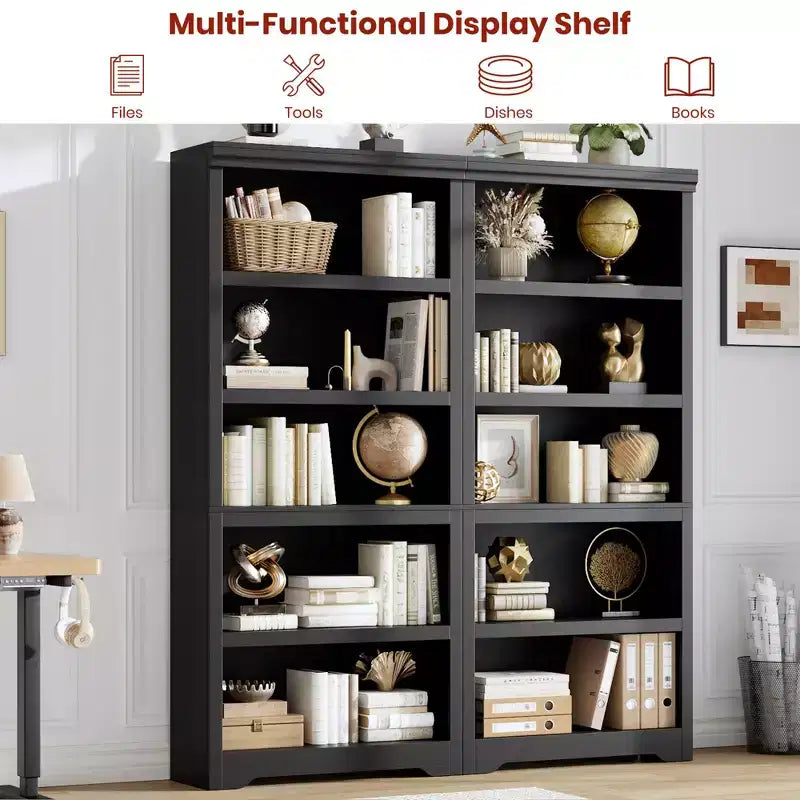 69 Tall 5 Tier Farmhouse Bookcase, 31.5 Wide Bookshelf with Adjustable Shelves & Anti-Slip Design, Open Display Storage for Home Office Living Room
