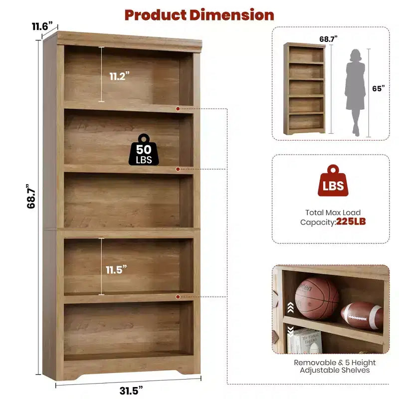 69 Tall 5 Tier Farmhouse Bookcase, 31.5 Wide Bookshelf with Adjustable Shelves & Anti-Slip Design, Open Display Storage for Home Office Living Room