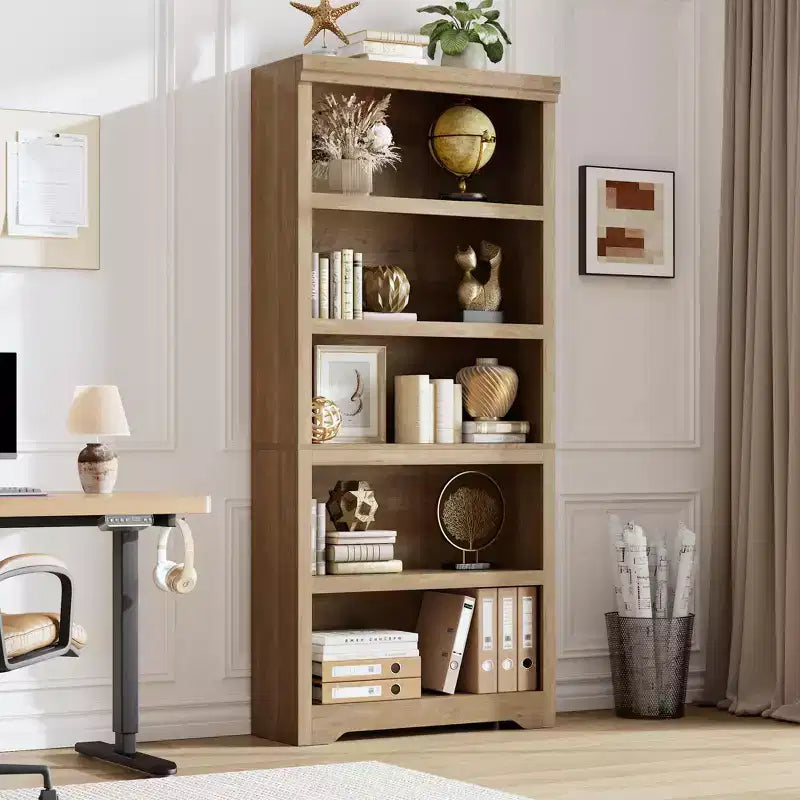 69 Tall 5 Tier Farmhouse Bookcase, 31.5 Wide Bookshelf with Adjustable Shelves & Anti-Slip Design, Open Display Storage for Home Office Living Room