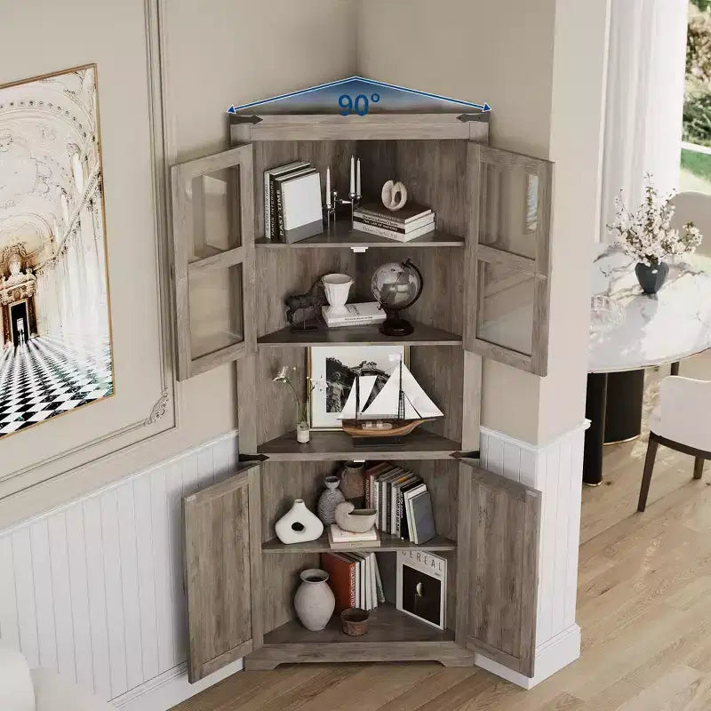 COZONY 67'' Tall Corner Storage Cabinet with Lights, Farmhouse Corner Hutch with Glass Doors, Wooden Display Cabinet for Living Room Bathroom