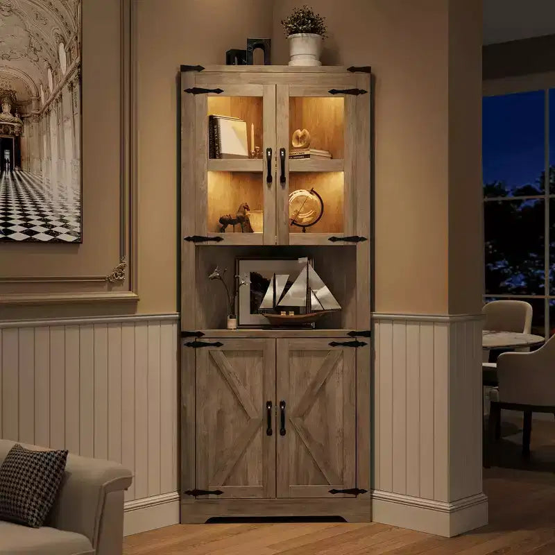 COZONY 67'' Tall Corner Storage Cabinet with Lights, Farmhouse Corner Hutch with Glass Doors, Wooden Display Cabinet for Living Room Bathroom