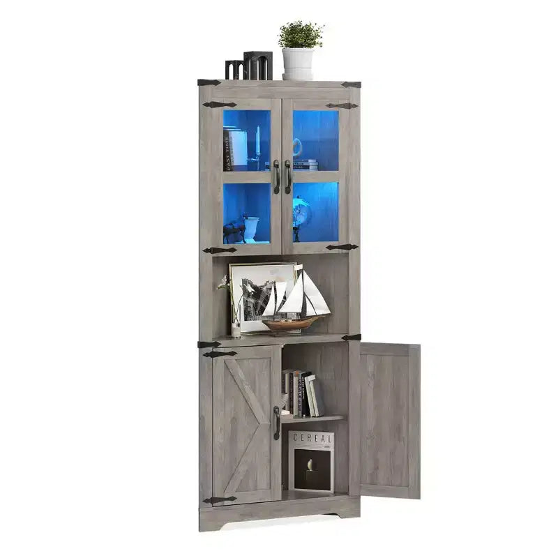 COZONY 67'' Tall Corner Storage Cabinet with Lights, Farmhouse Corner Hutch with Glass Doors, Wooden Display Cabinet for Living Room Bathroom