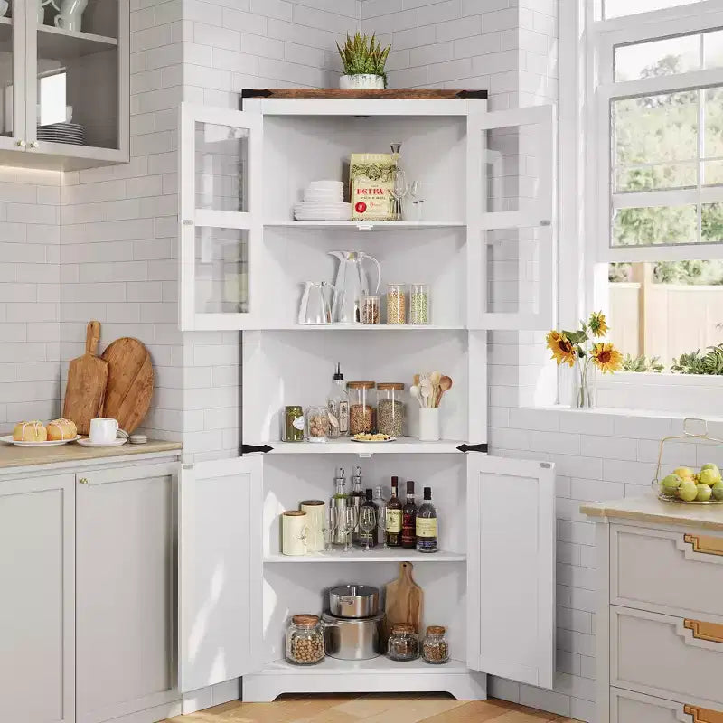 COZONY 67'' Tall Corner Storage Cabinet with Lights, Farmhouse Corner Hutch with Glass Doors, Wooden Display Cabinet for Living Room Bathroom