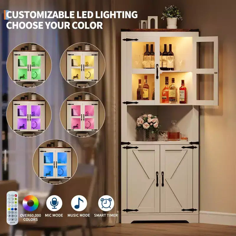 COZONY 67'' Tall Corner Storage Cabinet with Lights, Farmhouse Corner Hutch with Glass Doors, Wooden Display Cabinet for Living Room Bathroom