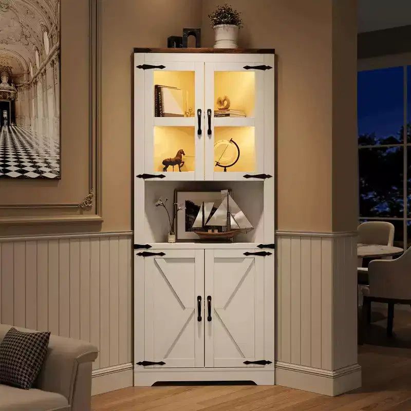 COZONY 67'' Tall Corner Storage Cabinet with Lights, Farmhouse Corner Hutch with Glass Doors, Wooden Display Cabinet for Living Room Bathroom