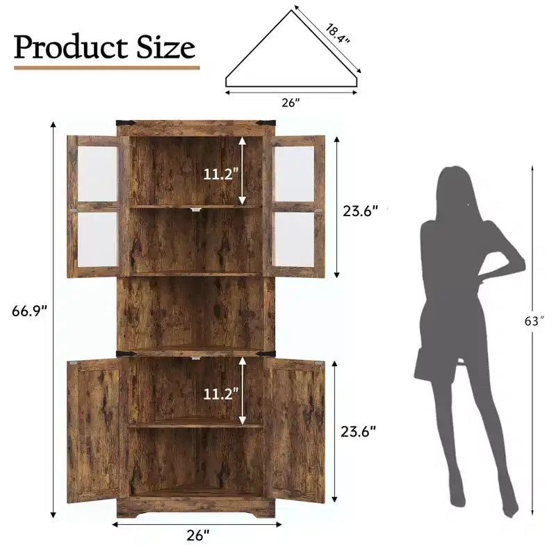 COZONY 67'' Tall Corner Storage Cabinet with Lights, Farmhouse Corner Hutch with Glass Doors, Wooden Display Cabinet for Living Room Bathroom