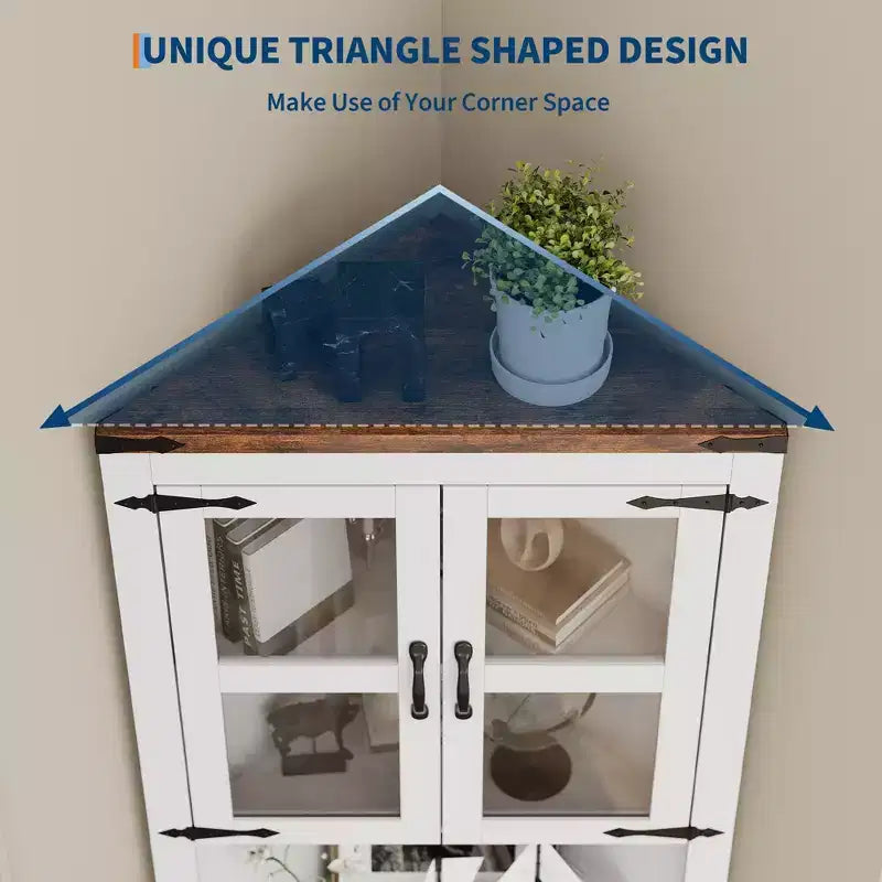 COZONY 67'' Tall Corner Storage Cabinet with Lights, Farmhouse Corner Hutch with Glass Doors, Wooden Display Cabinet for Living Room Bathroom