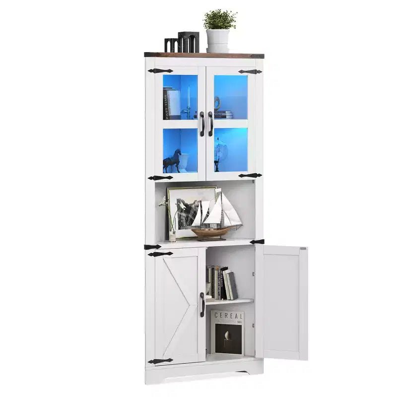 COZONY 67'' Tall Corner Storage Cabinet with Lights, Farmhouse Corner Hutch with Glass Doors, Wooden Display Cabinet for Living Room Bathroom