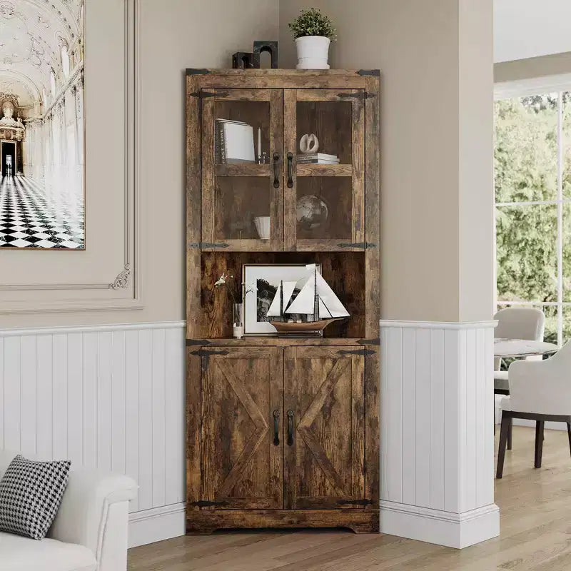 COZONY 67'' Tall Corner Storage Cabinet with Lights, Farmhouse Corner Hutch with Glass Doors, Wooden Display Cabinet for Living Room Bathroom