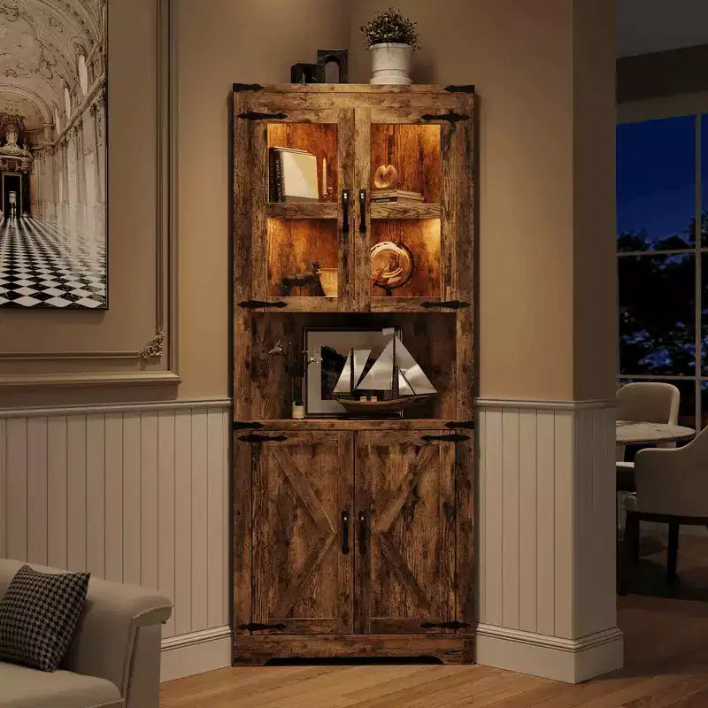 COZONY 67'' Tall Corner Storage Cabinet with Lights, Farmhouse Corner Hutch with Glass Doors, Wooden Display Cabinet for Living Room Bathroom