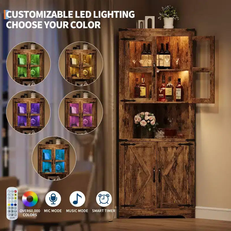 COZONY 67'' Tall Corner Storage Cabinet with Lights, Farmhouse Corner Hutch with Glass Doors, Wooden Display Cabinet for Living Room Bathroom
