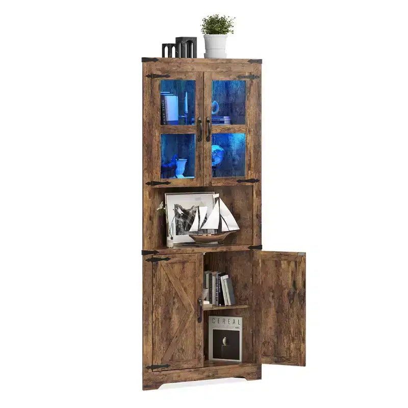 COZONY 67'' Tall Corner Storage Cabinet with Lights, Farmhouse Corner Hutch with Glass Doors, Wooden Display Cabinet for Living Room Bathroom