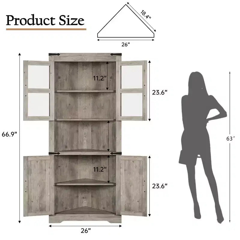 COZONY 67'' Tall Corner Storage Cabinet with Lights, Farmhouse Corner Hutch with Glass Doors, Wooden Display Cabinet for Living Room Bathroom