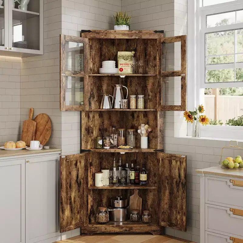COZONY 67'' Tall Corner Storage Cabinet with Lights, Farmhouse Corner Hutch with Glass Doors, Wooden Display Cabinet for Living Room Bathroom