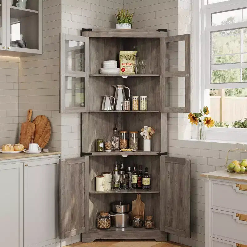 COZONY Meuble d'Angle Haut 170 cm avec Lumières, Vaisselier d'Angle de Ferme avec Portes Vitrées, Vitrine en Bois pour Salon Salle de Bain