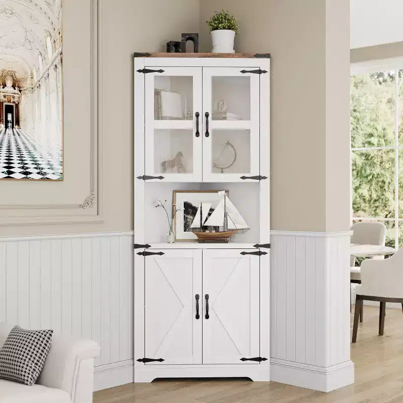 COZONY Meuble d'Angle Haut 170 cm avec Lumières, Vaisselier d'Angle de Ferme avec Portes Vitrées, Vitrine en Bois pour Salon Salle de Bain