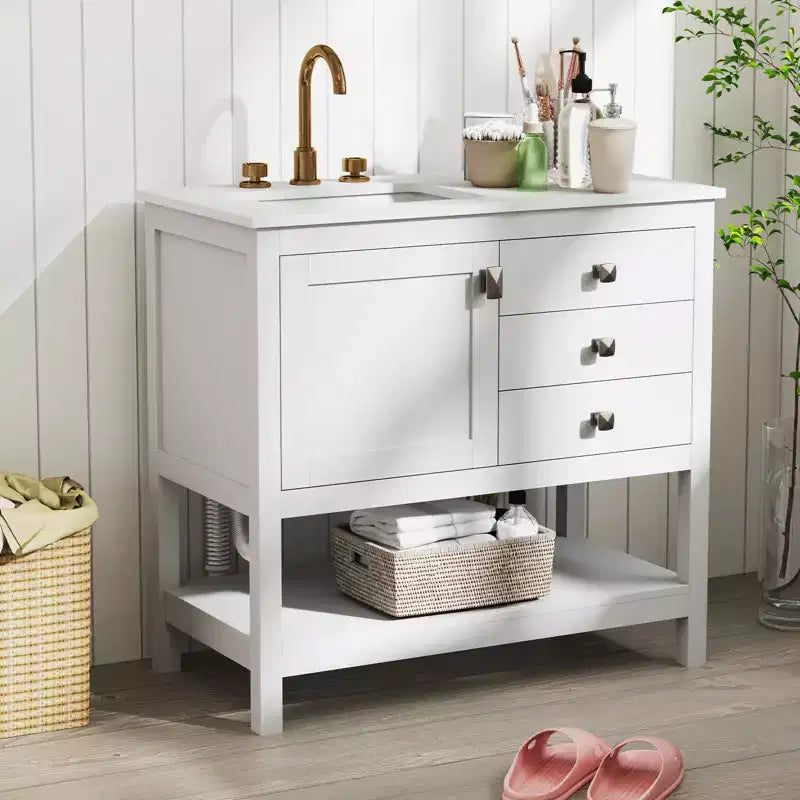 Costway Bathroom Vanity Unit w/ Basin w/ Extra Wide Granite Countertop Ceramic Sink